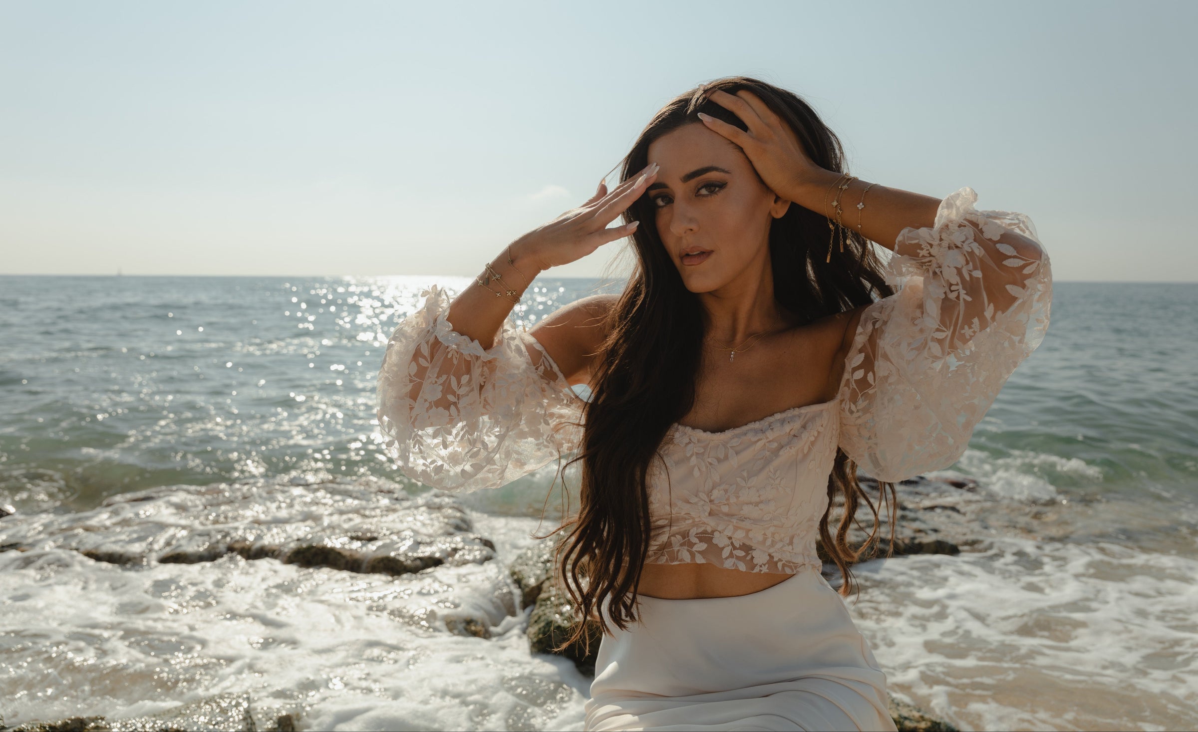 lace top-gold jewelry-sunlight glow-elegant accessories-